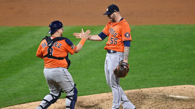 Nov 2, 2022; Philadelphia, Pennsylvania, USA; Houston Astros relief pitcher Ryan Pressly (55) celebrates with catcher Christian Vazquez (9) after the final out of their team s combined no-hitter against the Philadelphia Phillies in game four of the 2022 World Series at Citizens Bank Park. Mandatory Credit: Kyle Ross-USA TODAY Sports