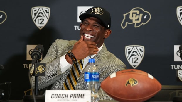 Deion Sanders at his introductory press conference as coach for Colorado.