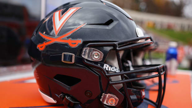 A close-up view of the Virginia Cavaliers football helmet.