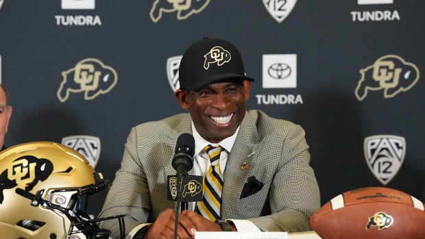 Deion Sanders during a press conference.