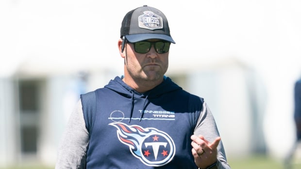 Tennessee Titans general manager Jon Robinson watches practice at Ascension Saint Thomas Sports Park Thursday, Sept. 8, 2022, in Nashville, Tenn.
