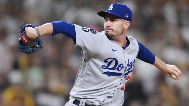 Dodgers starting pitcher Andrew Heaney (28) throws a pitch in the second inning against the Padres during game three of the NLDS for the 2022 MLB Playoffs at Petco Park.