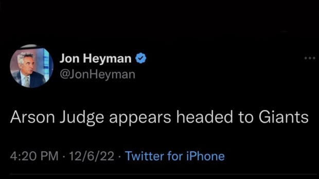 Screenshot of Jon Heyman’s tweet: Arson Judge appears headed to Giants