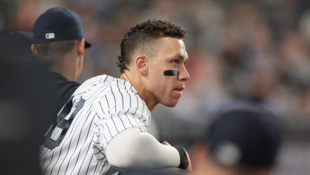 New York Yankees RF Aaron Judge looks from dugout