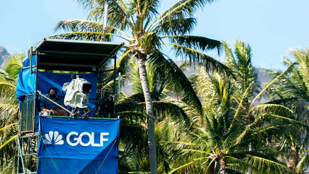 An NBC/Golf Channel camera tower is pictured during the 2021 Sony Open in Hawaii.