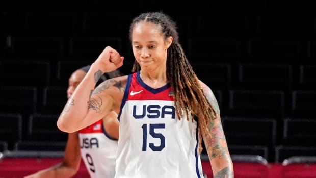 Brittney Griner fist-pumps during a game for Team USA.