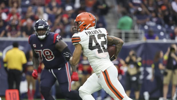 Dec 4, 2022; Houston, Texas, USA; Cleveland Browns linebacker Tony Fields II (42) returns an interception for a touchdown during the fourth quarter against the Houston Texans at NRG Stadium.