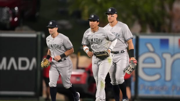New York Yankees outfielder Andrew Benintendi, Oswaldo Cabrera and Aaron Judge