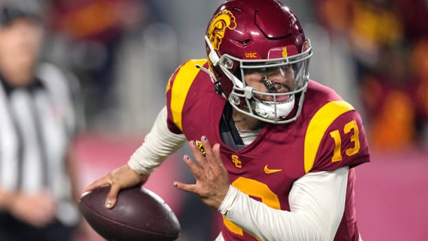 Southern California quarterback Caleb Williams runs the ball during the first half of an NCAA college football game against Notre Dame Saturday, Nov. 26, 2022, in Los Angeles. (AP Photo/Mark J. Terrill)
