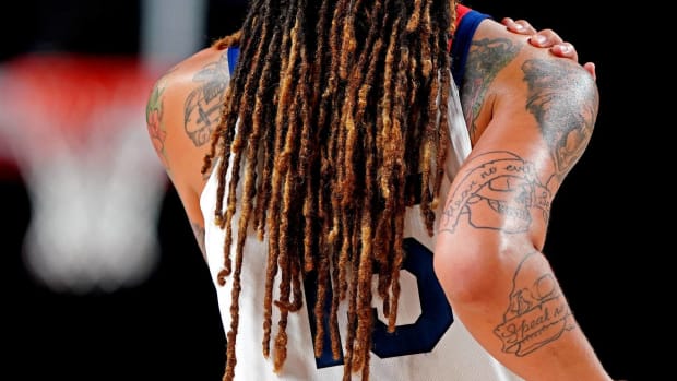 A look at Brittney Griner's dreadlocks during a Team USA game during the 2021 Olympics.