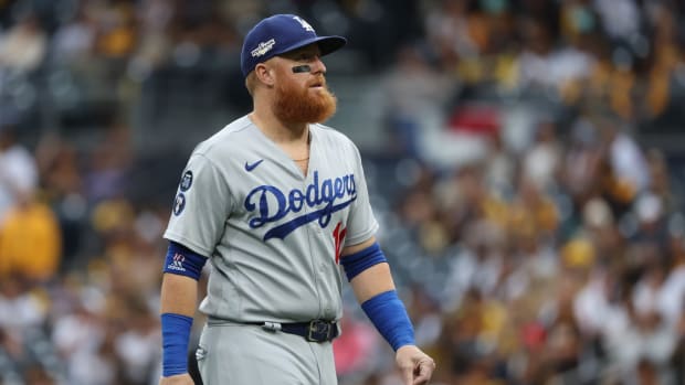 Oct 14, 2022; San Diego, California, USA; Los Angeles Dodgers third baseman Justin Turner (10) before the game against the San Diego Padres during game three of the NLDS for the 2022 MLB Playoffs at Petco Park. Mandatory Credit: Kiyoshi Mio-USA TODAY Sports