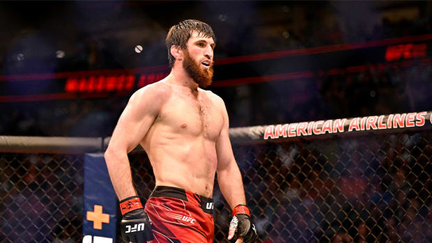Jul 30, 2022; Dallas, TX, USA; Magomed Ankalaev (red gloves) reacts after defeating Anthony Smith (not pictured) in a light heavyweight bout during UFC 277 at the American Airlines Center.