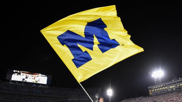A Michigan flag is waved by a cheerleader.