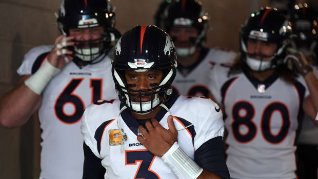 Denver Broncos quarterback Russell Wilson (3) takes the field for warmups before the game against the Tennessee Titans at Nissan Stadium.