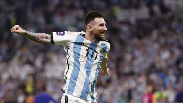 Dec 9, 2022; Lusail City, QATAR; Argentina forward Lionel Messi (10) celebrates after defeating Netherlands in the quarterfinals of the 2022 FIFA World Cup at Lusail Stadium.