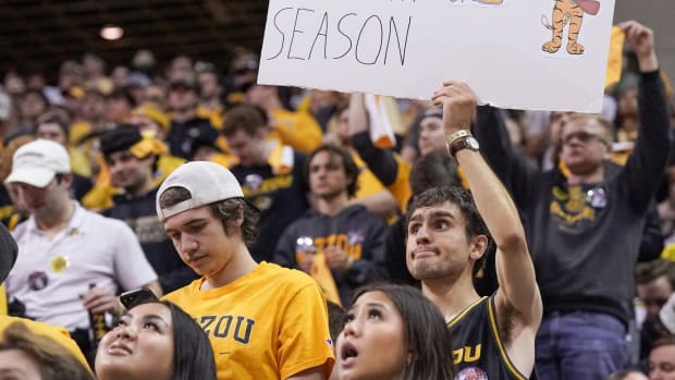 Dec 10, 2022; Columbia, Missouri, USA; A Missouri Tigers fan shows his support before their game against the Kansas Jayhawks at Mizzou Arena. Mandatory Credit: Denny Medley-USA TODAY Sports