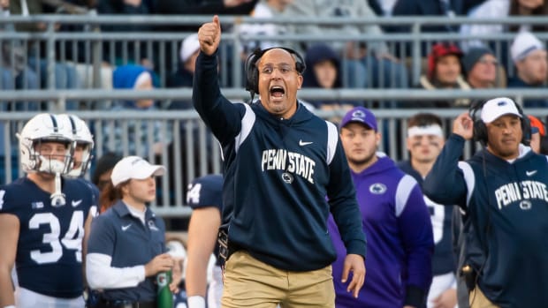 Penn State head coach James Franklin yells from the sideline after the Nittany Lions missed a 37-yard field goal in the first quarter against Michigan State at Beaver Stadium on Saturday, Nov. 26, 202.