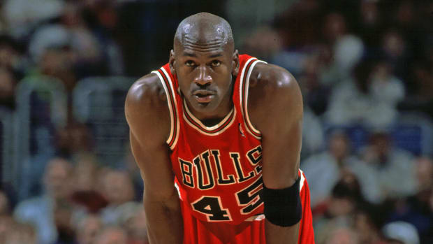 Chicago Bulls guard Michael Jordan wears No.45 jersey following his first retirement