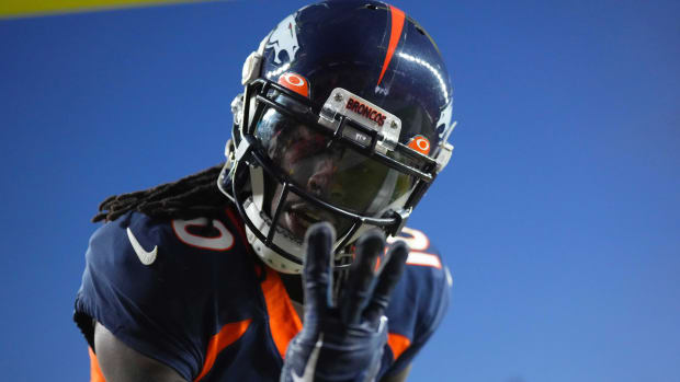 Denver Broncos wide receiver Jerry Jeudy (10) reacts to his third touchdown reception of the game in the fourth quarter against the Kansas City Chiefs at Empower Field at Mile High.
