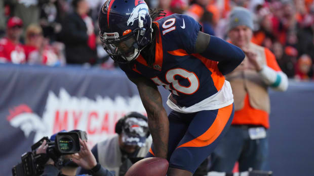 Denver Broncos wide receiver Jerry Jeudy (10) celebrates his touchdown in the second quarter against the Kansas City Chiefs at Empower Field at Mile High.
