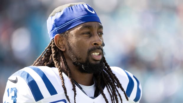Former Colts receiver T.Y. Hilton warms up before a game in Jan. 2022.