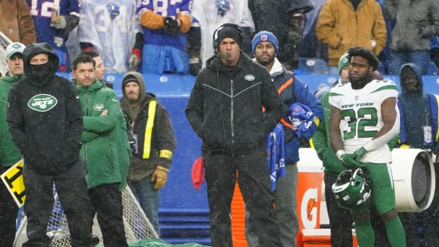 New York Jets head coach Robert Saleh stands on sideline against Buffalo Bills