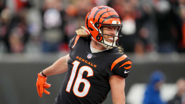 Dec 11, 2022; Cincinnati, Ohio, USA; Cincinnati Bengals wide receiver Trenton Irwin (16) smiles after scoring a touchdown in the third quarter during a Week 14 NFL game against the Cleveland Browns, Sunday, Dec. 11, 2022, at Paycor Stadium in Cincinnati. The Cincinnati Bengals won, 23-10. Mandatory Credit: Kareem Elgazzar-USA TODAY Sports