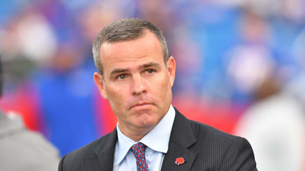 Sep 19, 2022; Orchard Park, New York, USA; Buffalo Bills general manager Brandon Beane enters the field before a game against the Tennessee Titans at Highmark Stadium.