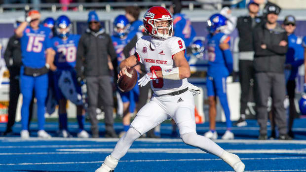 Dec 3, 2022; Boise, Idaho, USA; Fresno State Bulldogs quarterback Jake Haener (9) during the first half of the Mountain West Championship game versus the Boise State Broncos at Albertsons Stadium.