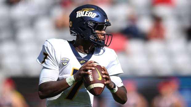 Sep 24, 2022; San Diego, California, USA; Toledo Rockets quarterback Dequan Finn (7) looks to pass against the San Diego State Aztecs during the second half at Snapdragon Stadium.