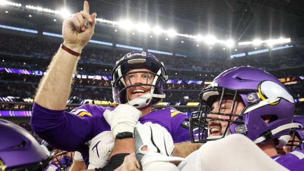 Vikings kicker Greg Joseph celebrates after his 40-yard field goal gave Minnesota the greatest comeback in NFL history.