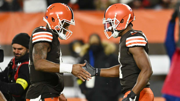 Dec 17, 2022; Cleveland, Ohio, USA; Cleveland Browns quarterback Deshaun Watson, left, celebrates with wide receiver Donovan Peoples-Jones after Peoples-Jones caught a touchdown pass during the second half against the Baltimore Ravens at FirstEnergy Stadium. Mandatory Credit: Ken Blaze-USA TODAY Sports