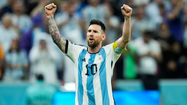 Lionel Messi celebrates after scoring Argentina’s second goal during the World Cup quarterfinal match against the Netherlands.