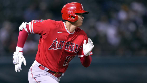 Los Angeles Angels designated hitter Shohei Ohtani runs