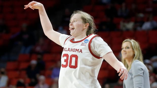 Taylor Robertson celebrates after a 3-pointer during a win against IUPUI in the first round of the NCAA women’s basketball tournament.