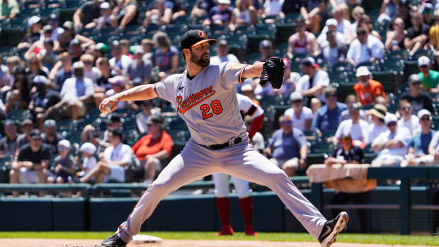 Jun 26, 2022; Chicago, Illinois, USA; Baltimore Orioles starting pitcher Jordan Lyles (28) throws the ball against the Chicago White Sox during the first inning at Guaranteed Rate Field. Mandatory Credit: David Banks-USA TODAY Sports