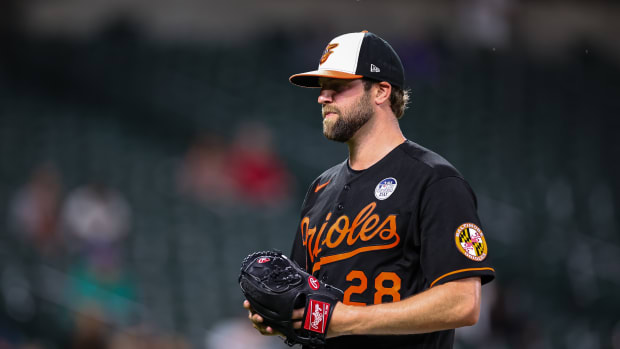 Jun 2, 2022; Baltimore, Maryland, USA; Baltimore Orioles starting pitcher Jordan Lyles (28) looks on after being relieved during the sixth inning of the game against the Seattle Mariners at Oriole Park at Camden Yards. Mandatory Credit: Scott Taetsch-USA TODAY Sports