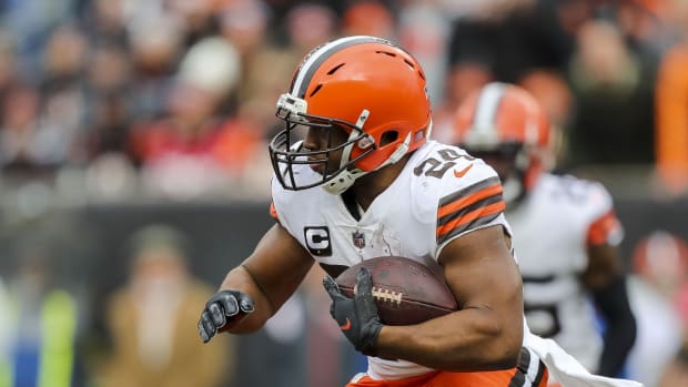 Dec 11, 2022; Cincinnati, Ohio, USA; Cleveland Browns running back Nick Chubb (24) runs with the ball against the Cincinnati Bengals in the first half at Paycor Stadium. Mandatory Credit: Katie Stratman-USA TODAY Sports