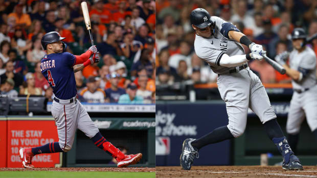 a side by side of Carlos Correa and Aaron Judge each swinging a bat