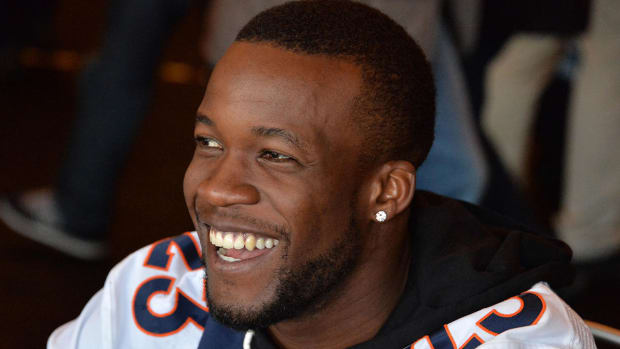 Denver Broncos running back Ronnie Hillman addresses the media at a press conference before Super Bowl 50.