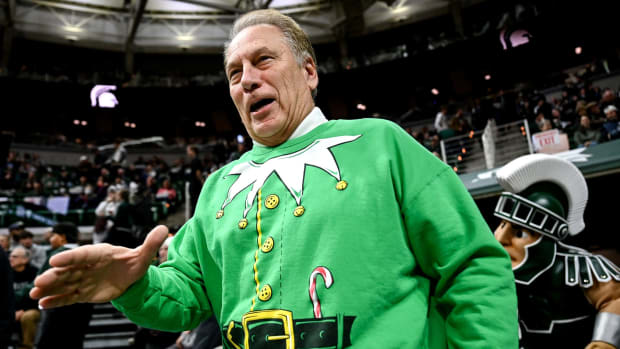 Michigan State's head coach Tom Izzo looking festive in his holiday sweater before the game against Oakland on Wednesday, Dec. 21, 2022, at the Breslin Center in East Lansing.