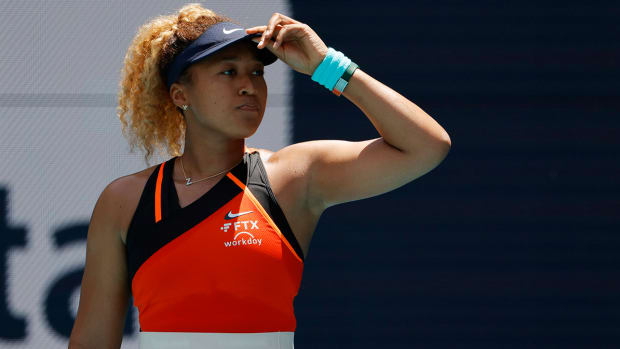 Naomi Osaka (JPN) reacts after missing a shot against Iga Swiatek (POL)(not pictured) in the women’s singles final in the Miami Open at Hard Rock Stadium.