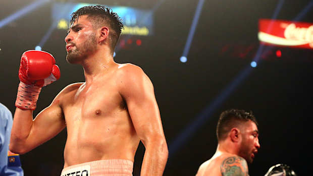 Jose Ramirez reacts following his fight against Manny Perez at MGM Grand Garden Arena.