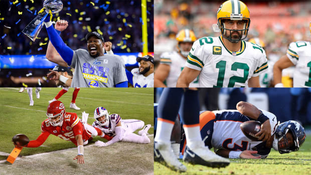 Separate photos of Von Miller holding the Lombardi Trophy, Patrick Mahomes diving at the pylon, Aaron Rodgers looking ahead in his uniform and Russell Wilson after getting sacked.