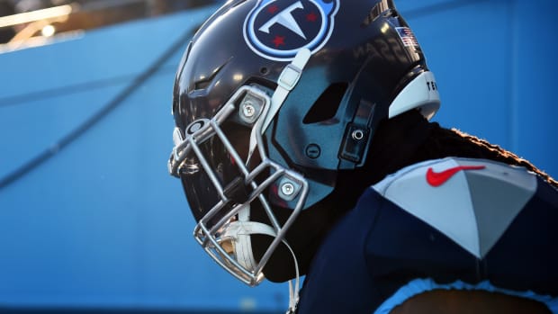 Tennessee Titans running back Derrick Henry (22) waits to take the field before the game against the Houston Texans at Nissan Stadium.