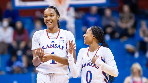 Kansas players Taiyanna Jackson and Wyvette Mayberry during the game against the Tulsa Golden Hurricane.