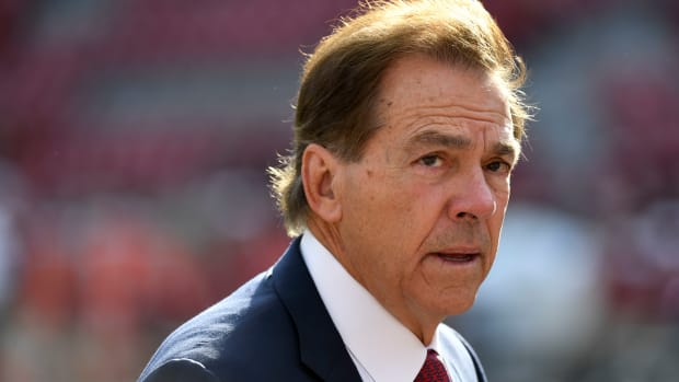 Alabama Crimson Tide head coach Nick Saban walks the field before a game against the Mississippi State Bulldogs at Bryant-Denny Stadium.