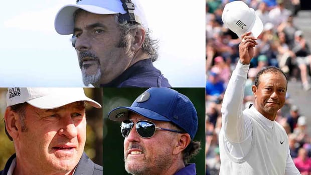 (Clockwise from top left) David Feherty, Tiger Woods, Phil Mickelson and Nick Faldo were all key figures in top 2022 golf media stories.
