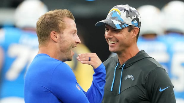 Aug 13, 2022; Inglewood, California, USA; Los Angeles Rams coach Sean McVay (left) talks with Los Angeles Chargers coach Brandon Staley before the game at SoFi Stadium. Mandatory Credit: Kirby Lee-USA TODAY Sports
