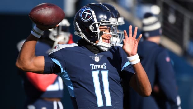 Tennessee Titans quarterback Joshua Dobbs (11) warms up before the game against the Houston Texans at Nissan Stadium.